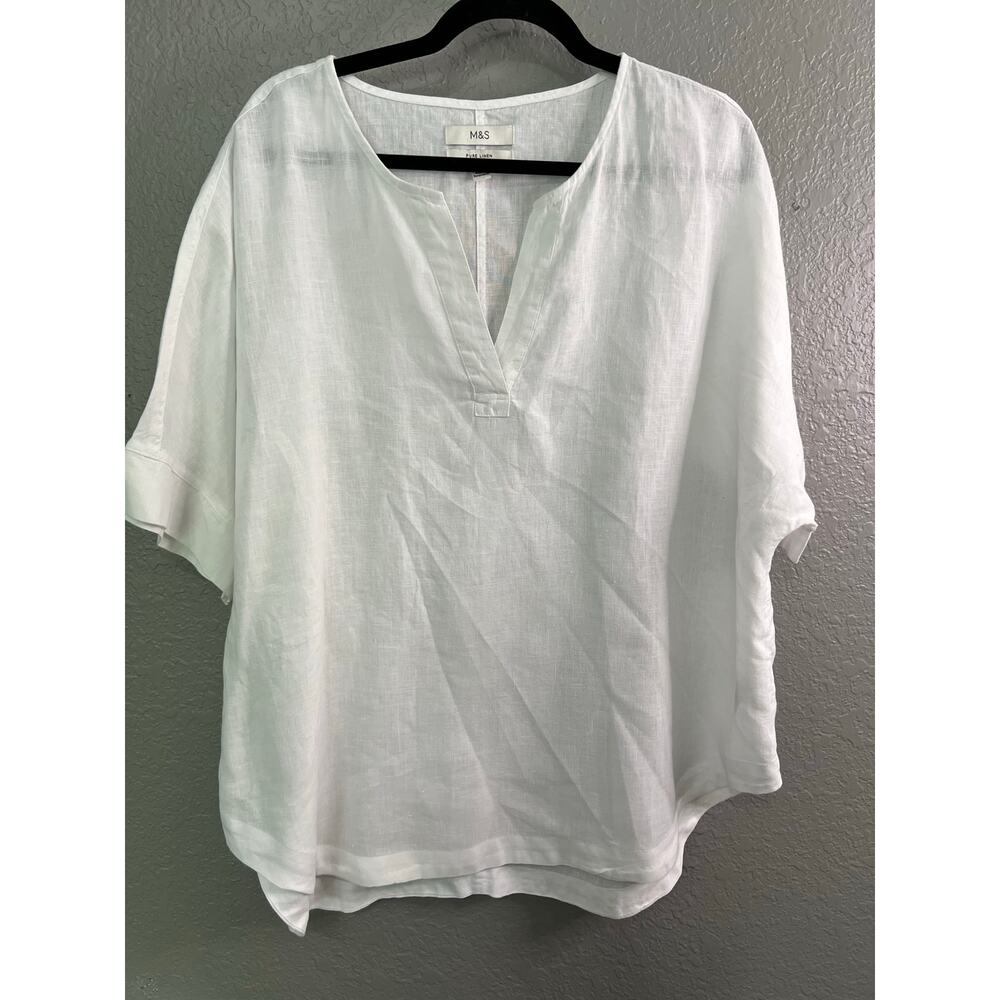 M&S Popover Blouse Top 18 White Pure Linen‎ Short Sleeve V-Neck Coastal Summer